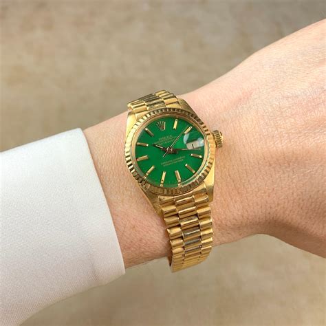 gold rolex green face women's|Rolex 18 ct everose gold.